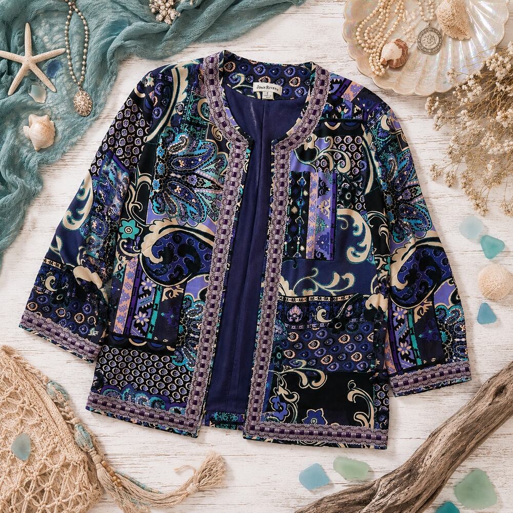 Joan Rivers Vintage Navy and Purple Paisley Open Cardigan Size S
